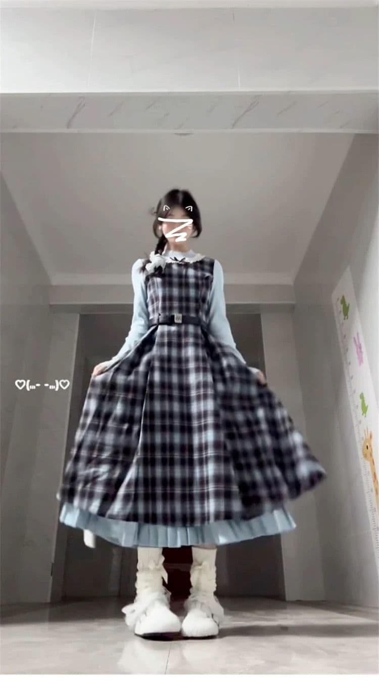2026 이른 가을 새로운 레트로 페이크 레이어드 블루 브라운 나비 매듭 패치워크 체크무늬 드레스 허리 수축 슬림해 보이는 롱 스커트 상세 이미지 1