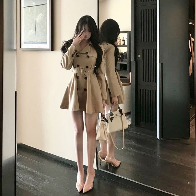 카키 색 바람막이 여성 코트 봄 가을 작은 키 허리 수축 폴로 칼라 블레이저 한국 스타일 캐주얼 품격 코트 상세 이미지 3