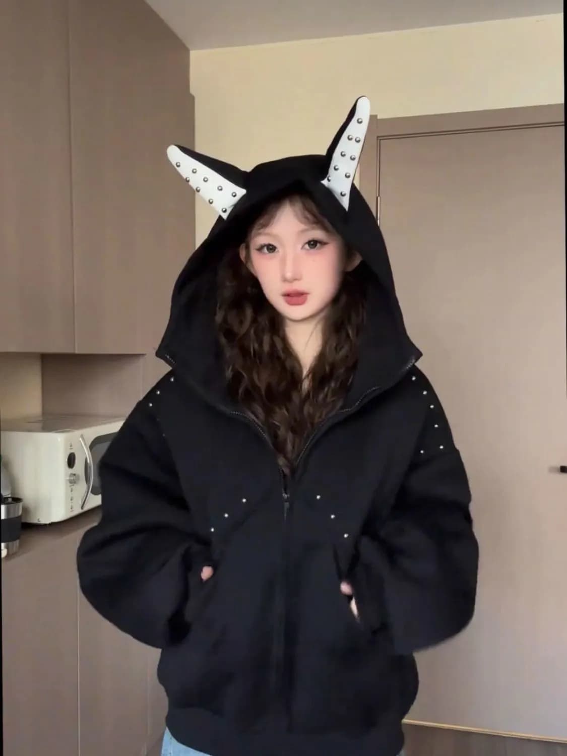 얇은 스타일 털이 있는 섹션 가을 겨울 무거운 새로운 귀 디자인 고급 후드 루즈핏 징 재킷 한국 대외 무역 상세 이미지 11