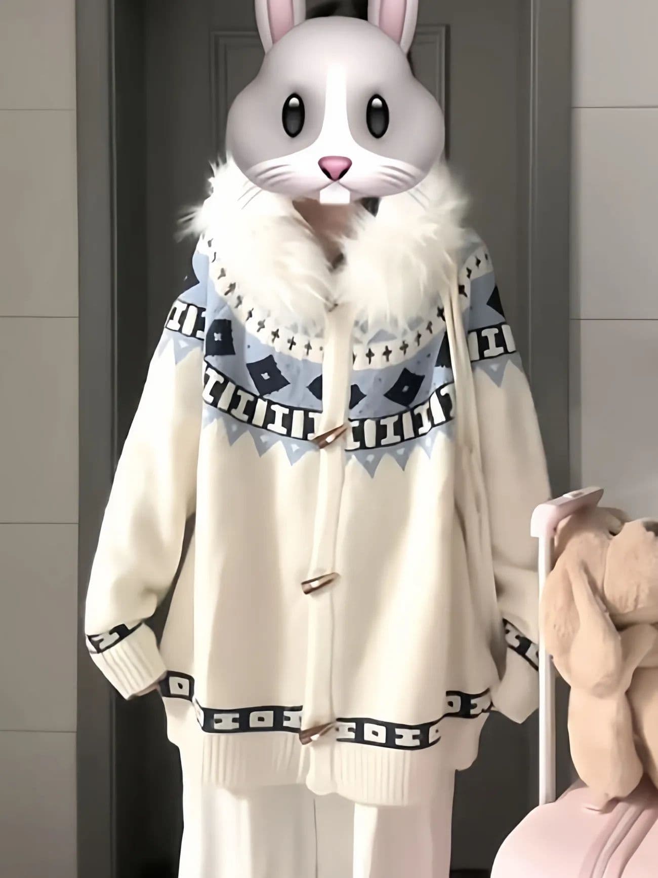 대 에디션 한 부서 귀여운 모피 칼라 후드 스웨터 여자 가을 겨울철 공정한 섬 자카드 루즈핏 니트 재킷 상세 이미지 4