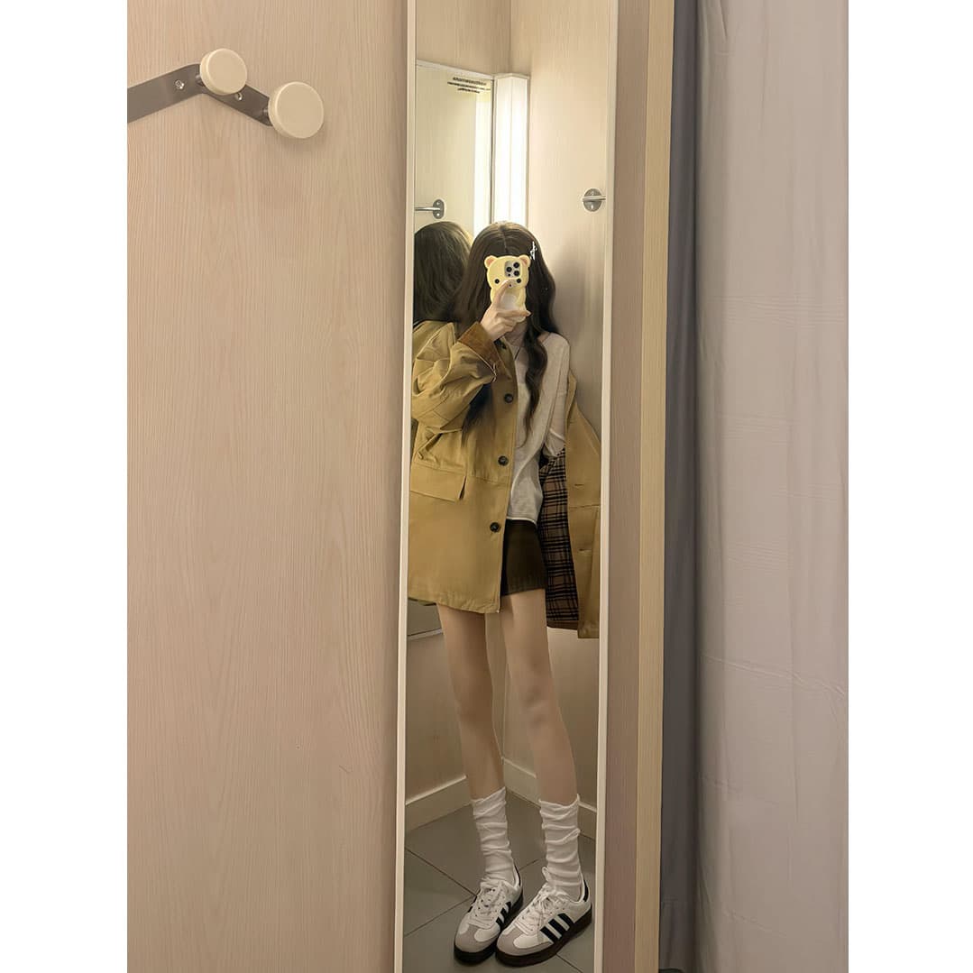 아름다움 라드. 레트로 배색 폴로 칼라 바람막이 여성 코트 가을 겨울 스트라이프 올해 인기 폭발 중간 길이 작은 키 이미지 2