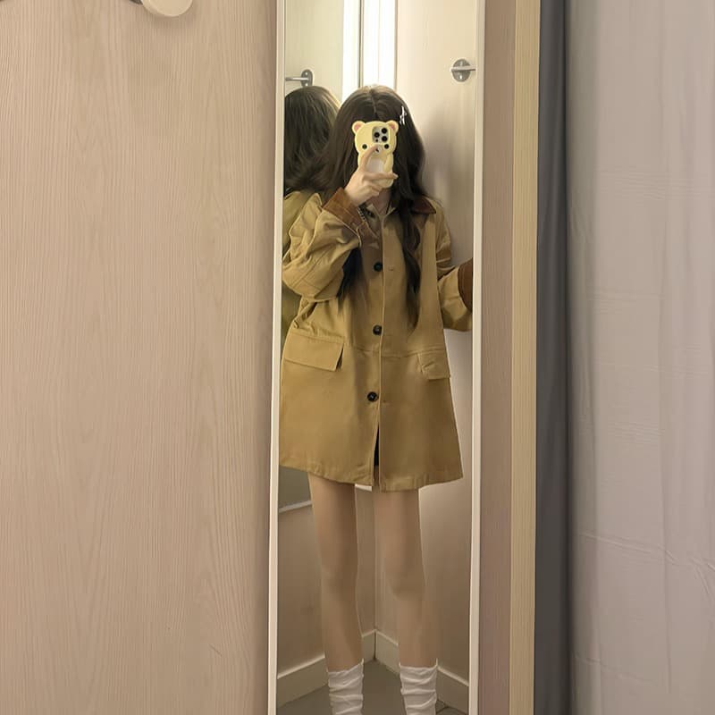 아름다움 라드. 레트로 배색 폴로 칼라 바람막이 여성 코트 가을 겨울 스트라이프 올해 인기 폭발 중간 길이 작은 키 이미지 5