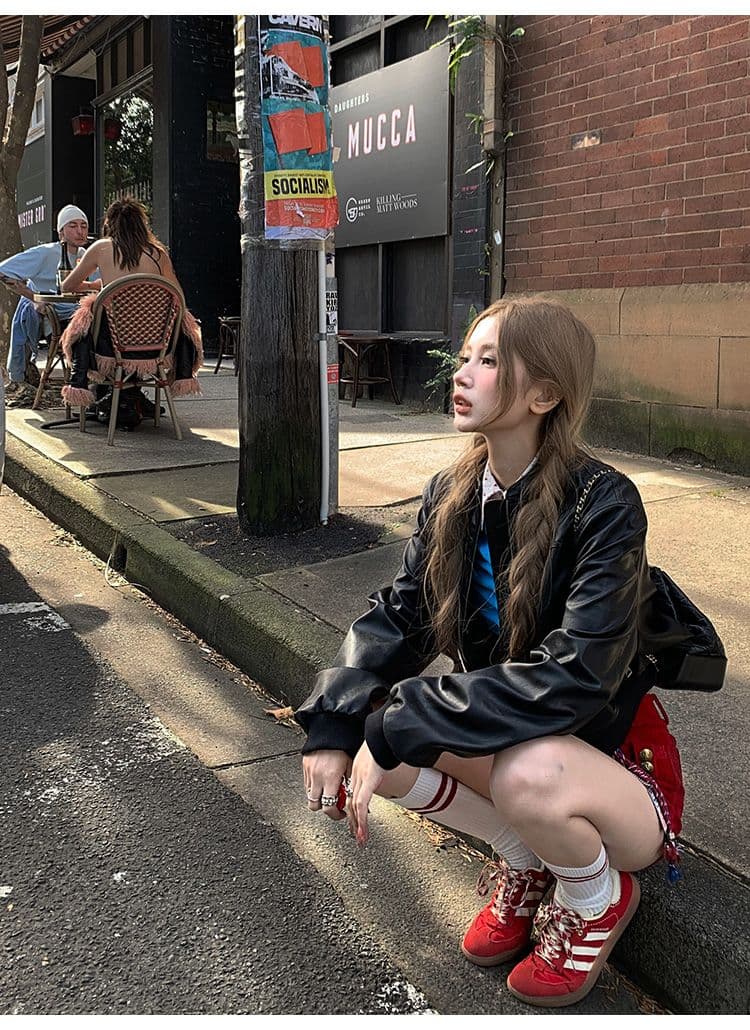 가을 겨울철 아메리칸 앤 코라 빨간색 가죽 재킷 여성 코트 고급 센스 2026 새로운 작은 키 쇼트 스타일 클립 상세 이미지 15