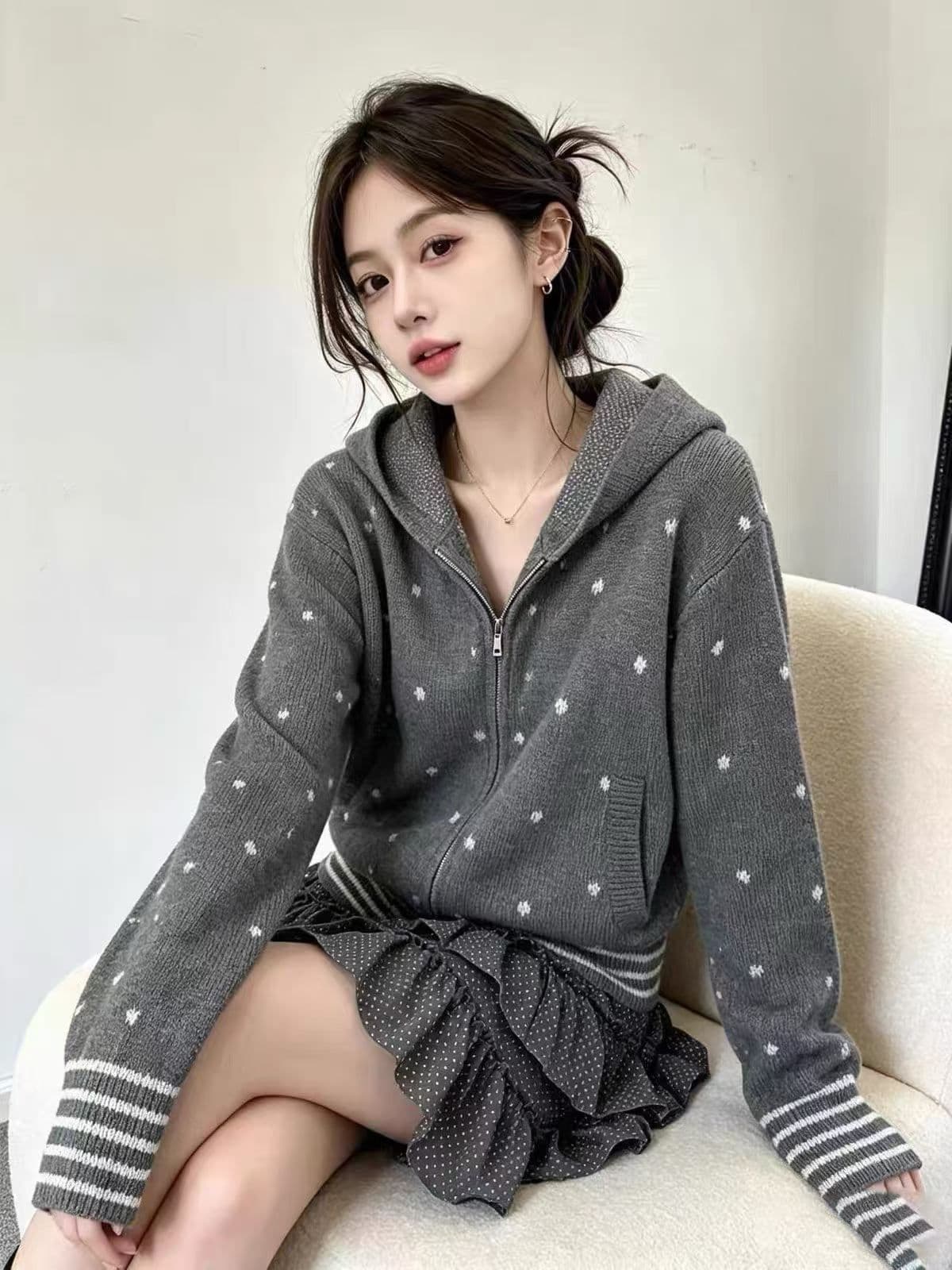 양 플러시 스웨터 여자 가을 겨울철 새로운 여자 오픈 가디건 한 부서 도트 무늬 자카드 니트 스웨터 긴팔 후드