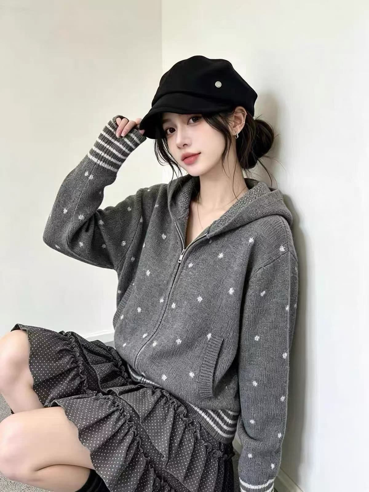 양 플러시 스웨터 여자 가을 겨울철 새로운 여자 오픈 가디건 한 부서 도트 무늬 자카드 니트 스웨터 긴팔 후드 상세 이미지 3