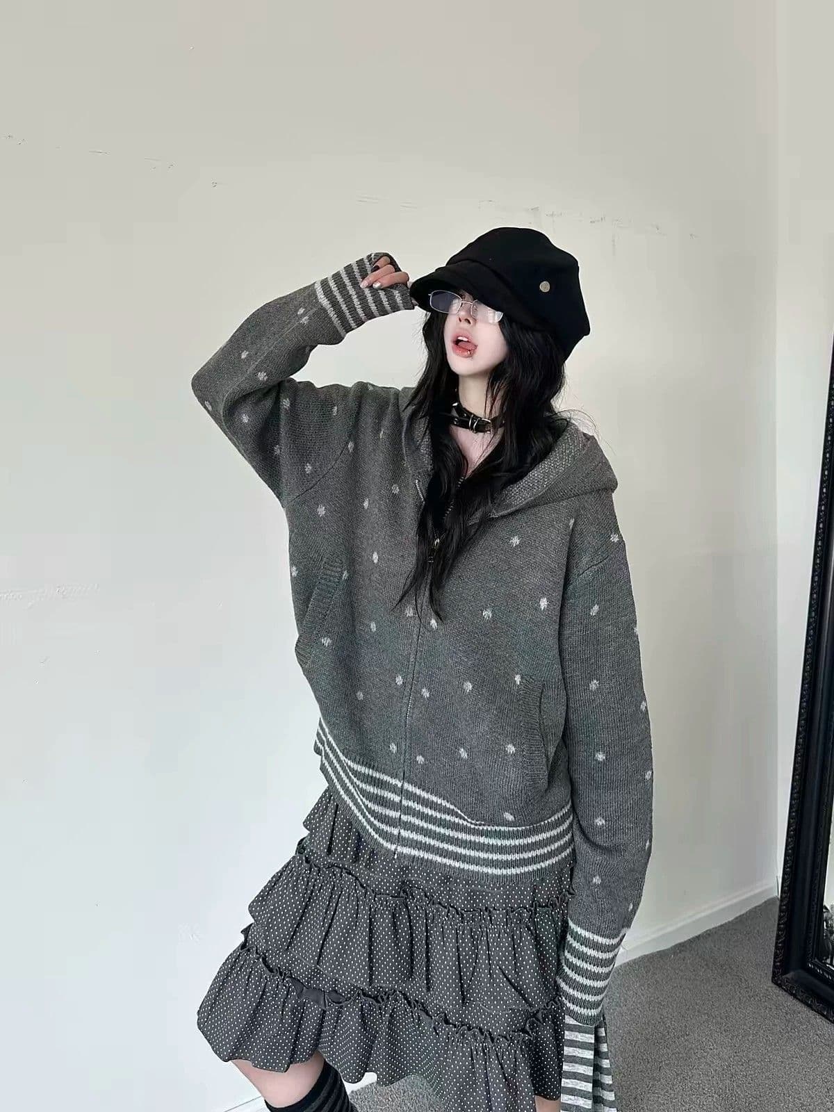 양 플러시 스웨터 여자 가을 겨울철 새로운 여자 오픈 가디건 한 부서 도트 무늬 자카드 니트 스웨터 긴팔 후드 상세 이미지 4