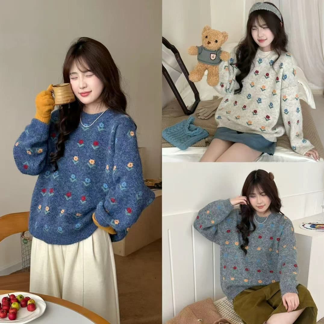 작은 청신 자카드 라운드 넥 풀오버 스웨터 여자 가을 겨울 와이드 부드러운 찹쌀 달콤함 꽃 니트 스웨터 맨위 상세 이미지 21