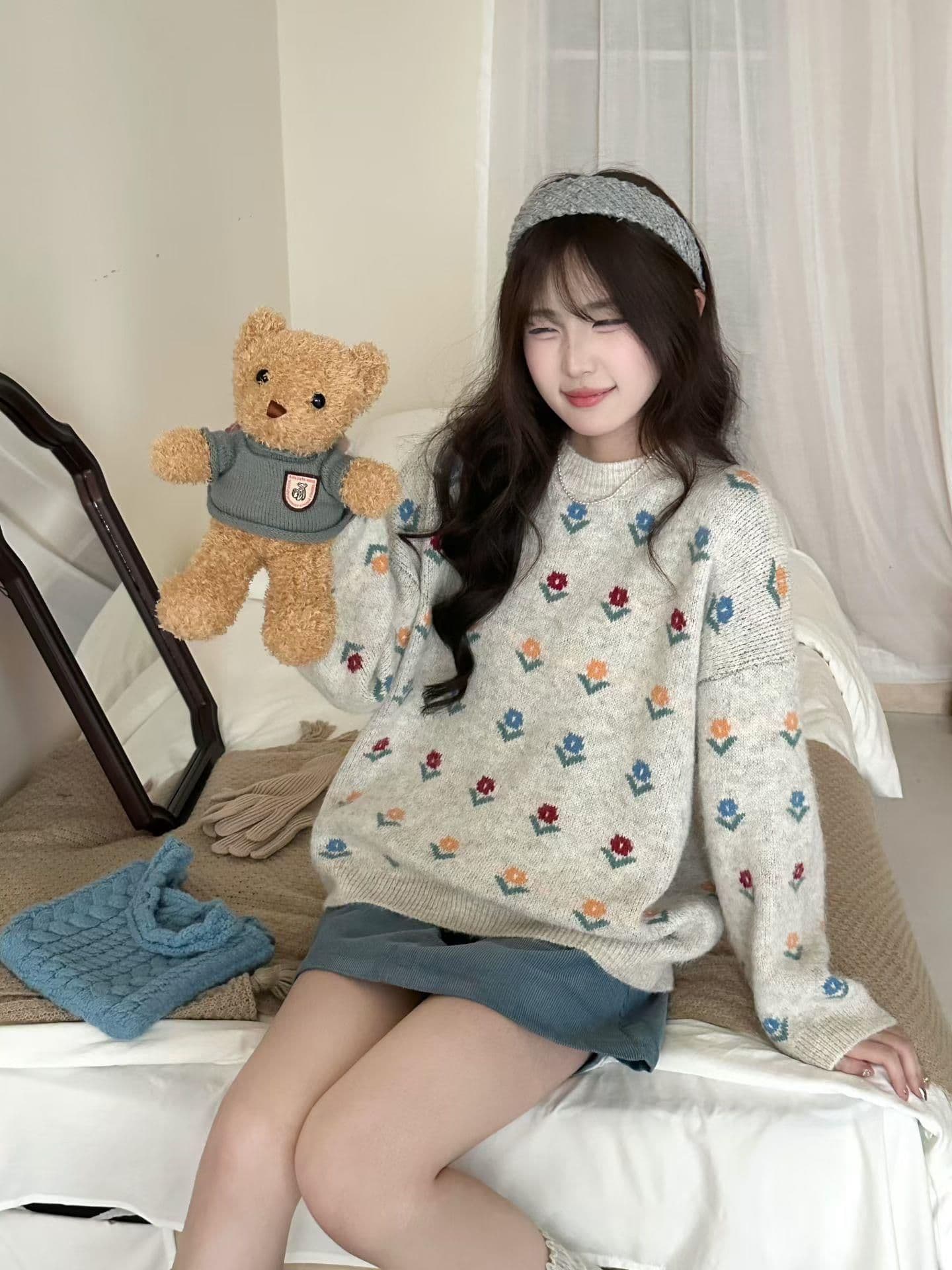 작은 청신 자카드 라운드 넥 풀오버 스웨터 여자 가을 겨울 와이드 부드러운 찹쌀 달콤함 꽃 니트 스웨터 맨위 상세 이미지 24