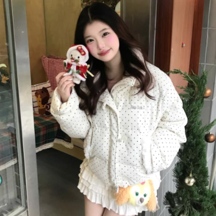 달콤함 도트 무늬 스탠드 칼라 아래 면화 의류 여성 겨울 작은 키 루즈핏 패딩 재킷 목화 진딧물 재킷 한국 대외 무역 폭발 이미지 4