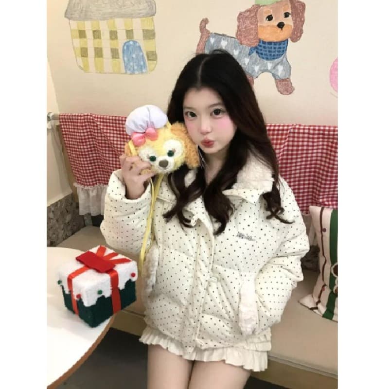 달콤함 도트 무늬 스탠드 칼라 아래 면화 의류 여성 겨울 작은 키 루즈핏 패딩 재킷 목화 진딧물 재킷 한국 대외 무역 폭발 이미지 5