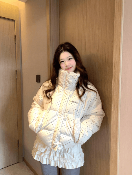 달콤함 도트 무늬 스탠드 칼라 아래 면화 의류 여성 겨울 작은 키 루즈핏 패딩 재킷 목화 진딧물 재킷 한국 대외 무역 폭발 상세 이미지 2