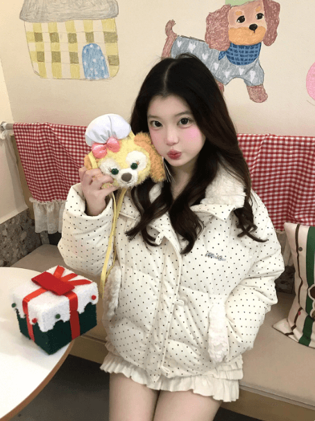 달콤함 도트 무늬 스탠드 칼라 아래 면화 의류 여성 겨울 작은 키 루즈핏 패딩 재킷 목화 진딧물 재킷 한국 대외 무역 폭발 상세 이미지 4