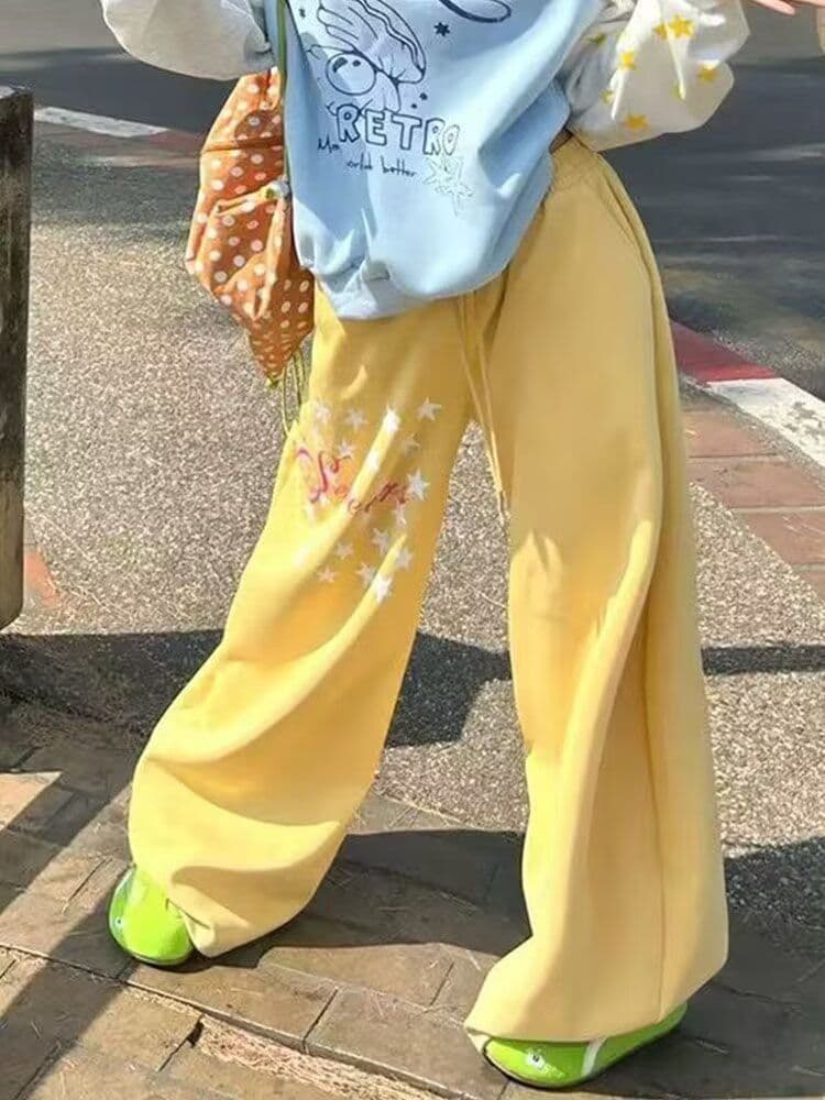 아메리칸 레트로 스타 깃발 디자인 센스 모통이 칼 와이드 레깅스 바지 루즈핏 조수 브랜드 웃음 하 운동 캐주얼 웨이 바지 상세 이미지 4
