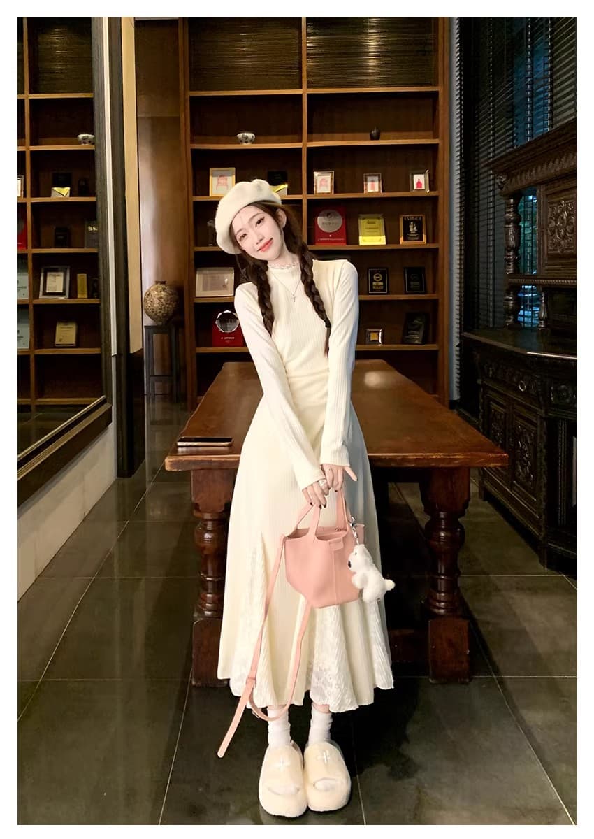 프랑스식 순수한 욕망 반하이넥 패치워크 레이스 여성 드레스 2026 이른 가을 새로운 허리 수축 슬림해 보이는 새싹 품격 롱 스커트 상세 이미지 1
