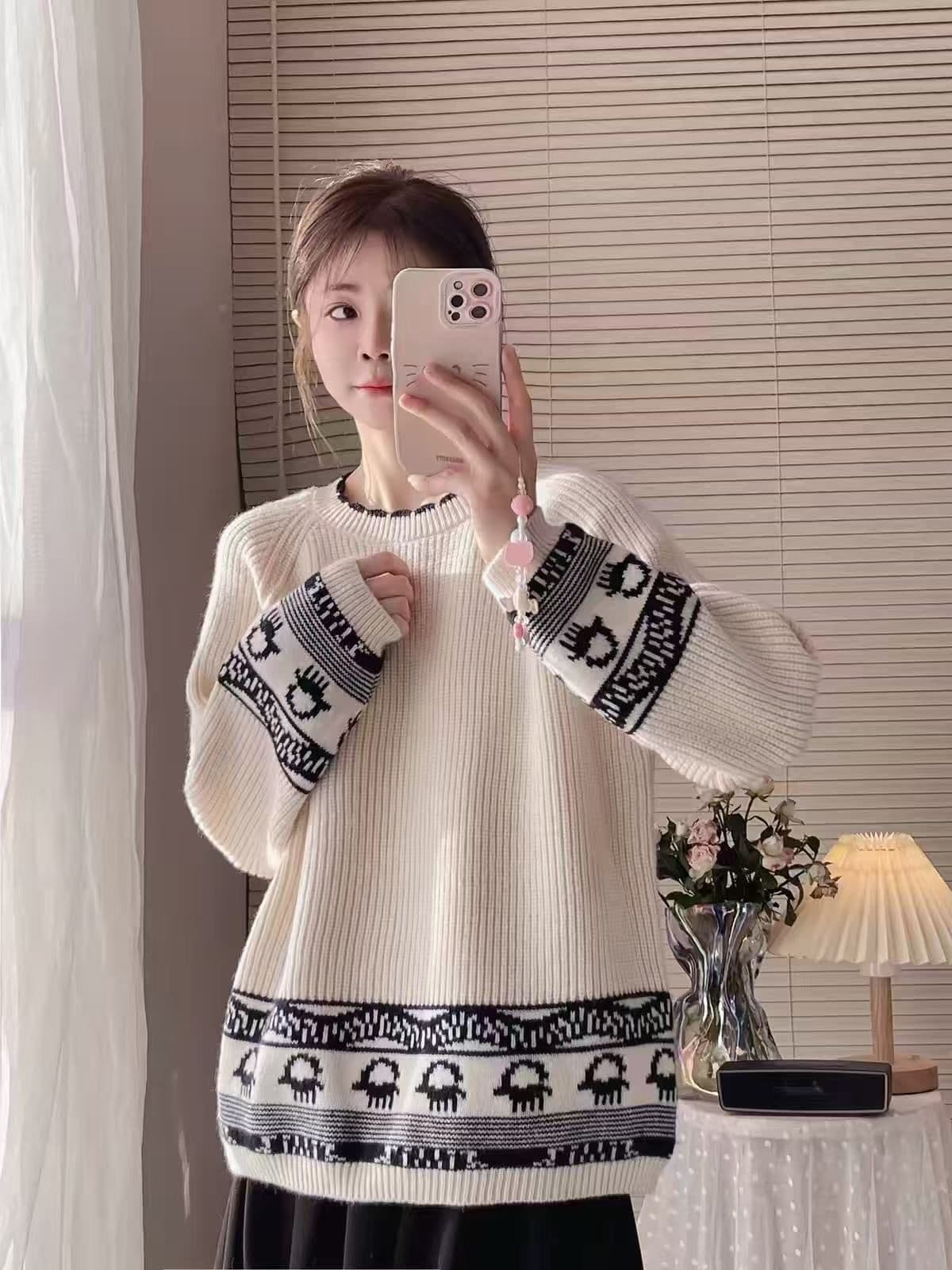 폭발 레트로 자카드 니트 니트 스웨터 스웨터 가을 겨울철 라운드 넥 새로운 가을 겨울 느긋한 루즈핏 맨위 상세 이미지 1