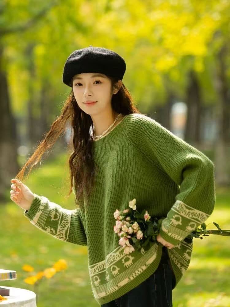 폭발 레트로 자카드 니트 니트 스웨터 스웨터 가을 겨울철 라운드 넥 새로운 가을 겨울 느긋한 루즈핏 맨위 상세 이미지 3