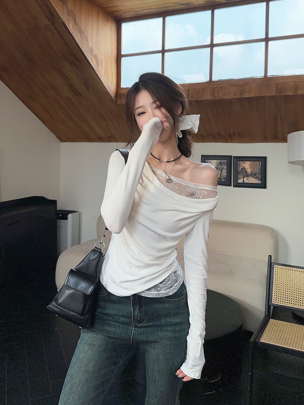 원본 품질 순수한 욕망 레이스 조각 비스듬한 어깨 긴팔 티셔츠 이른 가을 품격 몸매 가꾸기 슬림해 보이는 쇼트 스타일 맨위 상세 이미지 3