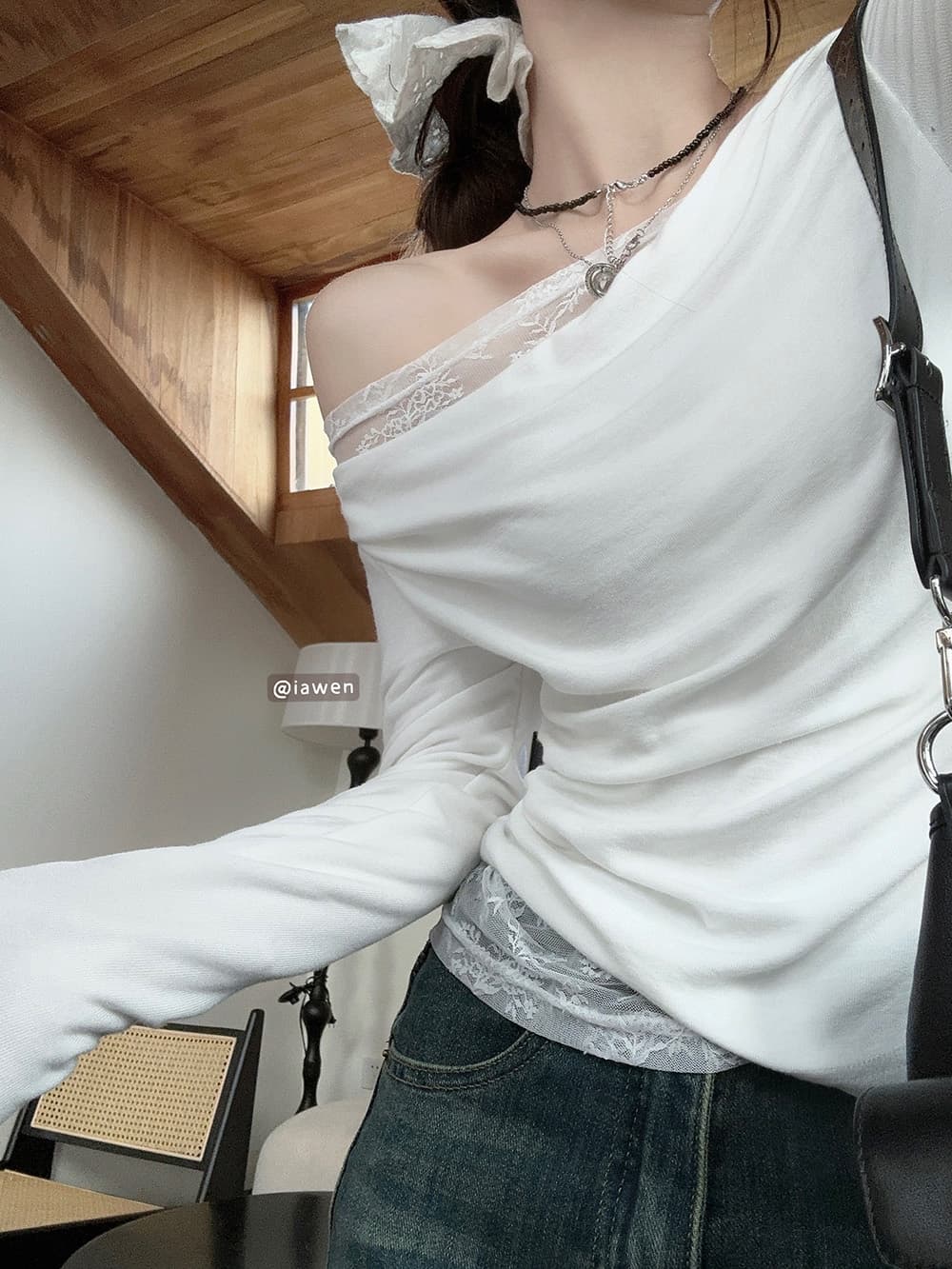 원본 품질 순수한 욕망 레이스 조각 비스듬한 어깨 긴팔 티셔츠 이른 가을 품격 몸매 가꾸기 슬림해 보이는 쇼트 스타일 맨위 상세 이미지 7