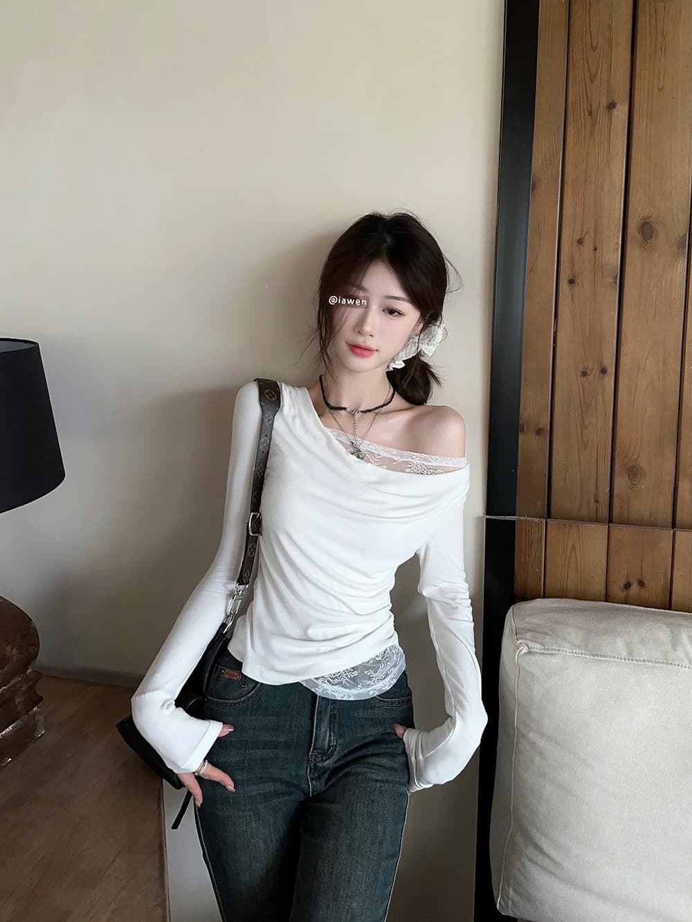 원본 품질 순수한 욕망 레이스 조각 비스듬한 어깨 긴팔 티셔츠 이른 가을 품격 몸매 가꾸기 슬림해 보이는 쇼트 스타일 맨위 상세 이미지 9