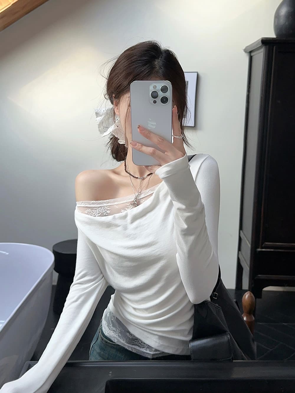 원본 품질 순수한 욕망 레이스 조각 비스듬한 어깨 긴팔 티셔츠 이른 가을 품격 몸매 가꾸기 슬림해 보이는 쇼트 스타일 맨위 상세 이미지 14
