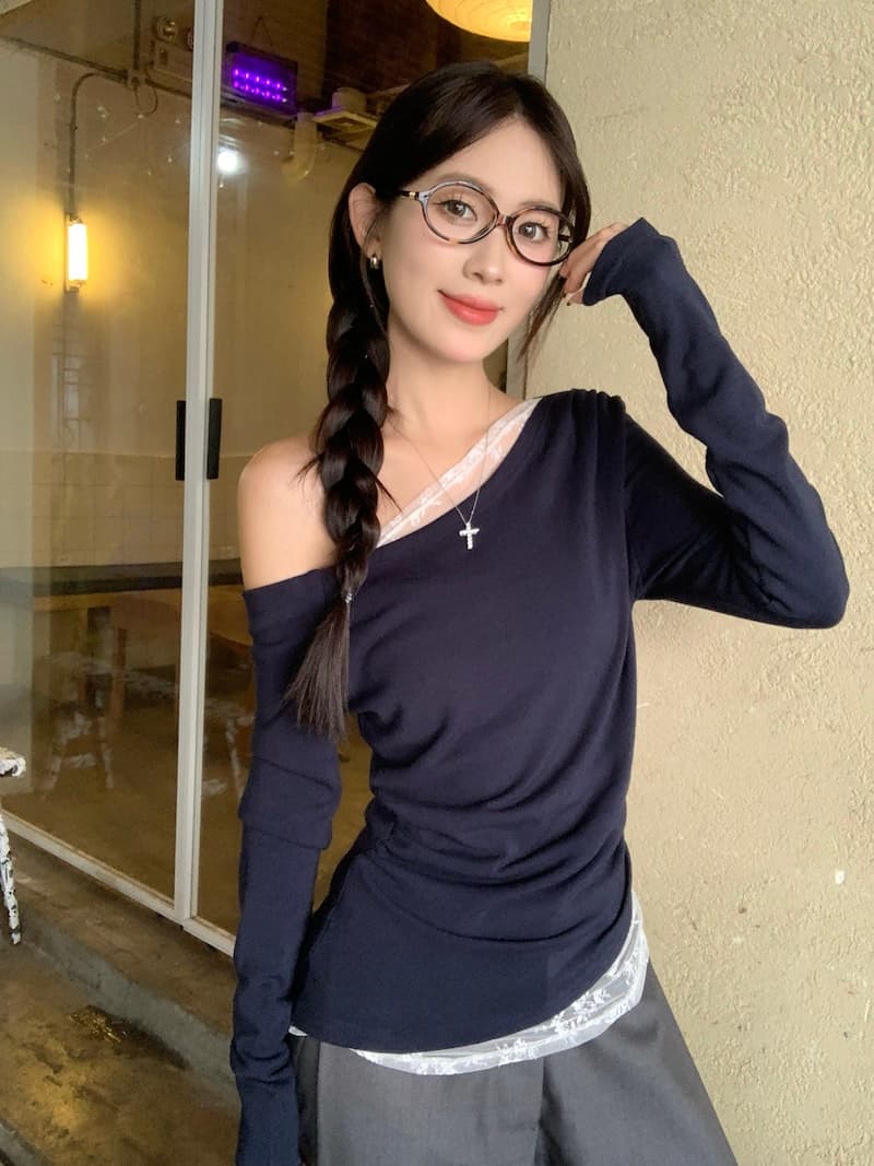 원본 품질 순수한 욕망 레이스 조각 비스듬한 어깨 긴팔 티셔츠 이른 가을 품격 몸매 가꾸기 슬림해 보이는 쇼트 스타일 맨위 상세 이미지 31