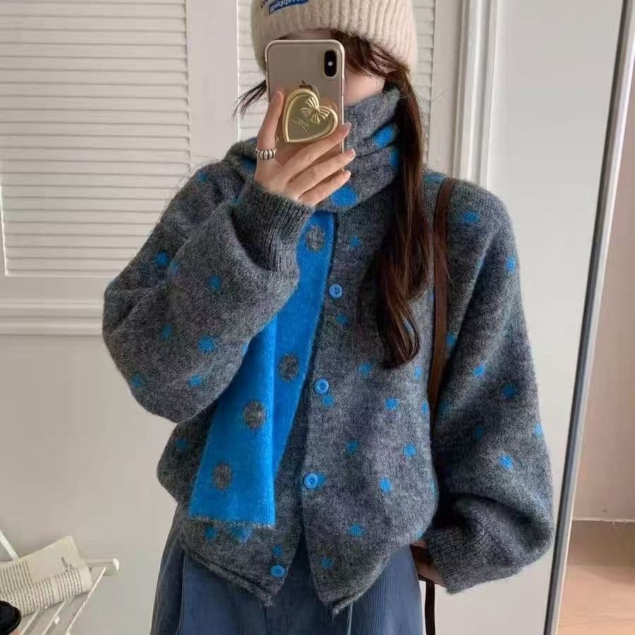 한 부서 도트 무늬 부드러운 찹쌀 다용도 스웨터 여성 코트 가을 겨울 새로운 루즈핏 슬림해 보이는 두꺼운 니트 오픈 가디건 목도리