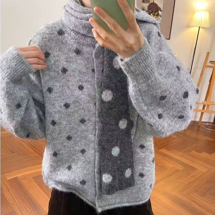 한 부서 도트 무늬 부드러운 찹쌀 다용도 스웨터 여성 코트 가을 겨울 새로운 루즈핏 슬림해 보이는 두꺼운 니트 오픈 가디건 목도리 이미지 5