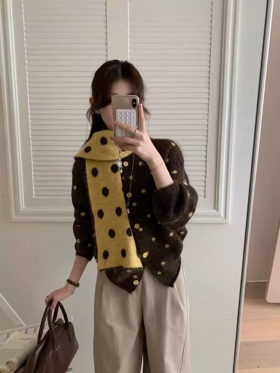 한 부서 도트 무늬 부드러운 찹쌀 다용도 스웨터 여성 코트 가을 겨울 새로운 루즈핏 슬림해 보이는 두꺼운 니트 오픈 가디건 목도리 상세 이미지 10