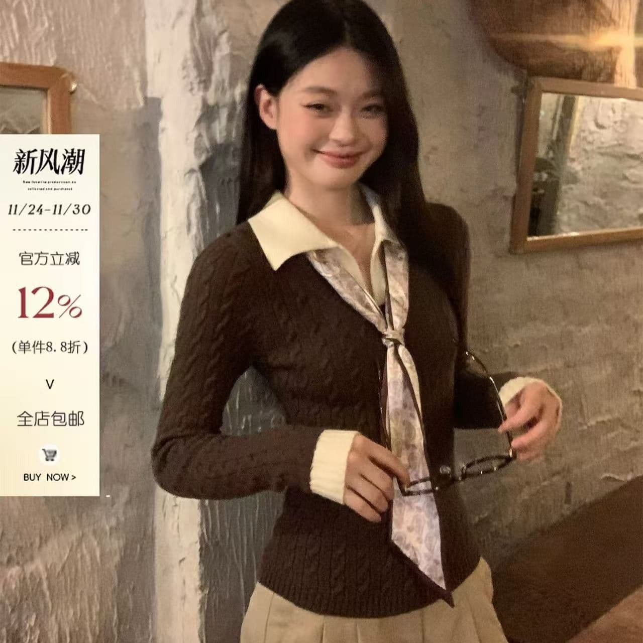 송 긍정적 인 En 커피 색상 polo 넥타이 스카프 니트 스웨터 여성 겨울 의류 인사이드 가져 가라. 몸매 가꾸기 쇼트 스타일 긴팔 작은 맨위 이미지 4