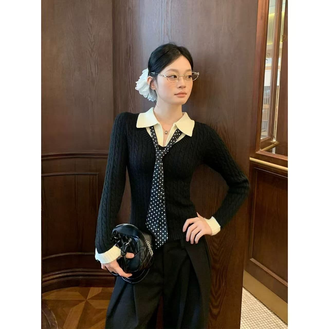 송 긍정적 인 En 커피 색상 polo 넥타이 스카프 니트 스웨터 여성 겨울 의류 인사이드 가져 가라. 몸매 가꾸기 쇼트 스타일 긴팔 작은 맨위 상세 이미지 1