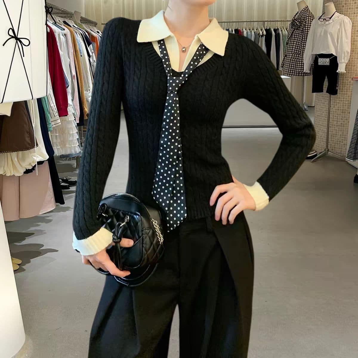 송 긍정적 인 En 커피 색상 polo 넥타이 스카프 니트 스웨터 여성 겨울 의류 인사이드 가져 가라. 몸매 가꾸기 쇼트 스타일 긴팔 작은 맨위 상세 이미지 3