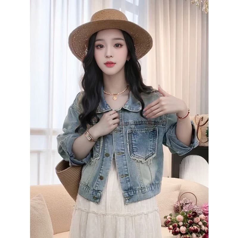데님 여성 코트 봄과 가을 작은 키 디자인 센스 홍콩 느낌 레트로 긴팔 거친 가장자리 주머니 재킷 데님 맨위 상세 이미지 5