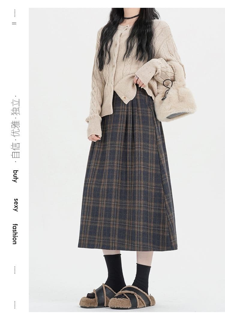 레트로 모직 체크무늬 반신 스커트 여성 가을 겨울철 아메리칸 중간 길이 플리츠 스커트 작은 키 한 마디 체크무늬 치마 상세 이미지 12