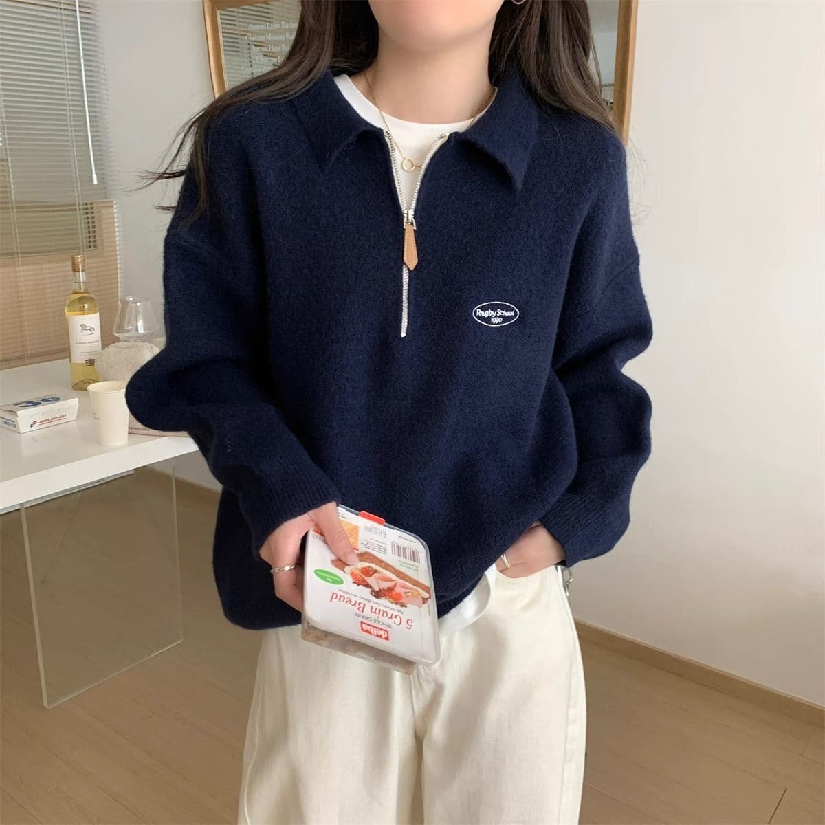 지퍼 레트로 니트 스웨터 여자 가을 겨울철 polo 폴로 칼라 캐주얼 느긋한 바람 인사이드 가져 가라. 기본 셔츠 두꺼운 맨위 상세 이미지 9