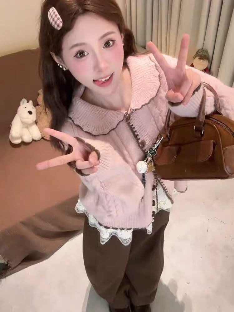 핑크색 달콤함 베이비 칼라 꽈배기 스웨터 여성 코트 가을 겨울 두꺼운 느긋한 바람 우유 씽 하는 소리 오픈 가디건 니트 맨위 이미지 3