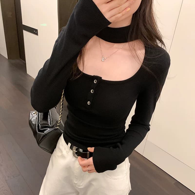 De 플러시 올해 인기 고급 센스 행침 목 광장 칼라 긴팔 티셔츠 맨위 여성 가을 2026 새로운 폭발 기본 셔츠 이미지 2