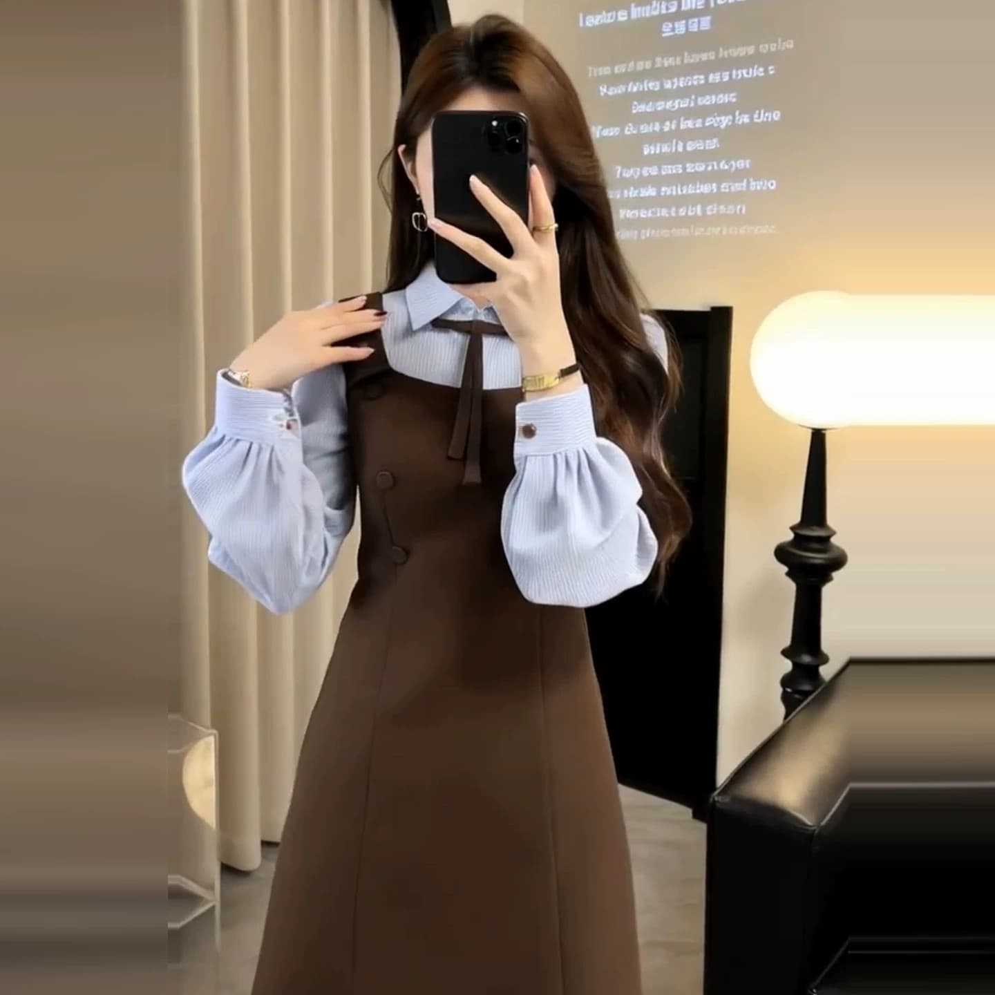 프랑스식 페이크 레이어드 멜빵 셔츠 드레스 아이들 조기 가을 2026 새로운 학원 스타일 품격 착용 가져 가라. 미니 스커트 이미지 3