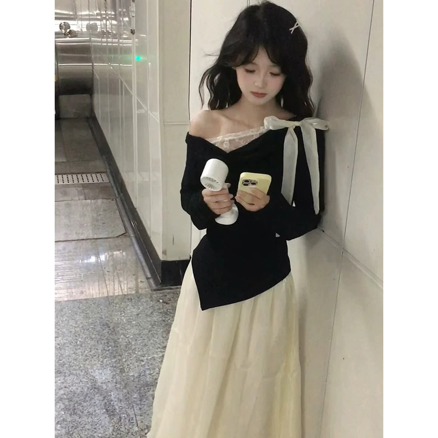 사람들 면 한 부서 레트로 흔들다 칼라 긴팔 티셔츠 여성 이른 가을 몸매 가꾸기 패치워크 레이스 디자인 센스 캐주얼 다용도 맨위 이미지 5