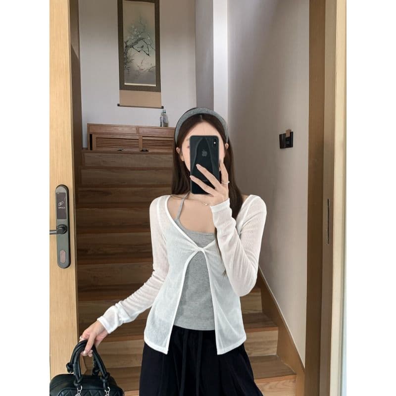 주간 실크 리브 260 그램 사람들 면 행침 목 조끼 여성 외부 가져 가라. 비틀림 긴팔 블라우스 맨위 투피스 세트 이미지 2