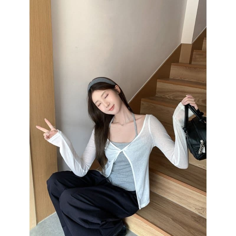 주간 실크 리브 260 그램 사람들 면 행침 목 조끼 여성 외부 가져 가라. 비틀림 긴팔 블라우스 맨위 투피스 세트 이미지 4