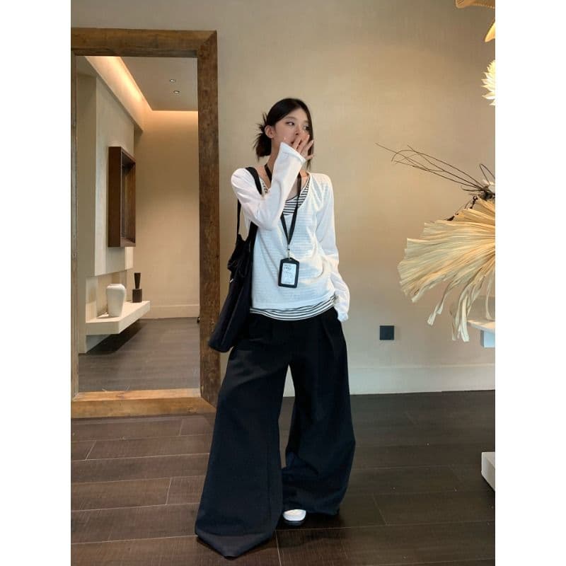 눈꽃 면 화이트 스트라이프 페이크 레이어드 긴팔 티셔츠 여성 가을 한 부서 루즈핏 느긋한 바람 블라우스 맨위 이미지 2