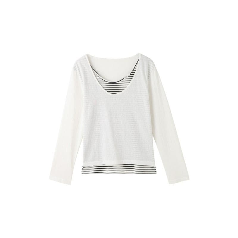 눈꽃 면 화이트 스트라이프 페이크 레이어드 긴팔 티셔츠 여성 가을 한 부서 루즈핏 느긋한 바람 블라우스 맨위 이미지 5