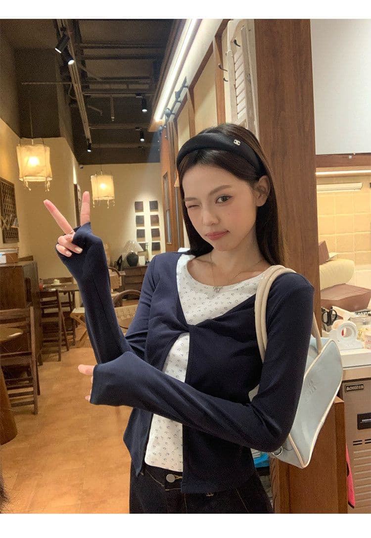 블루 꽃무늬 페이크 레이어드 긴팔 티셔츠 여성 이른 가을 몸매 가꾸기 인사이드 가져 가라. 기본 셔츠 싱글 착용 맨위 한국 대외 무역 상세 이미지 3