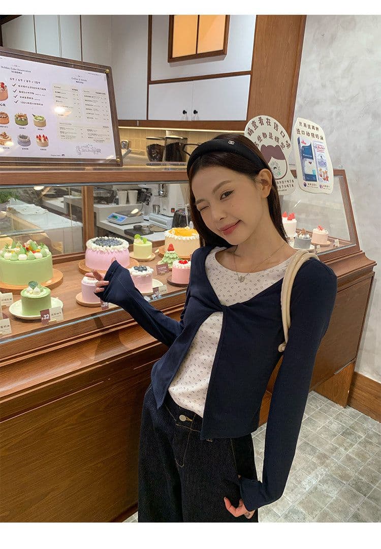 블루 꽃무늬 페이크 레이어드 긴팔 티셔츠 여성 이른 가을 몸매 가꾸기 인사이드 가져 가라. 기본 셔츠 싱글 착용 맨위 한국 대외 무역 상세 이미지 8