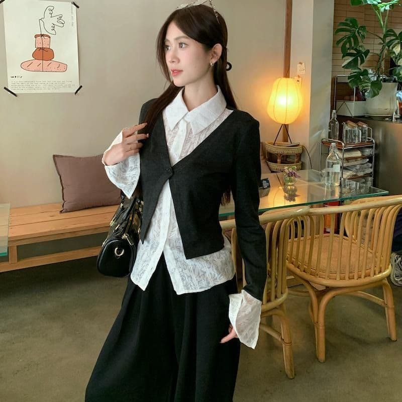 원본 원단 디자인 센스 긴팔 POLO 칼라 셔츠 가을 겨울 몸매 가꾸기 슬림해 보이는 페이크 레이어드 Chic 맨위 여성 이미지 2