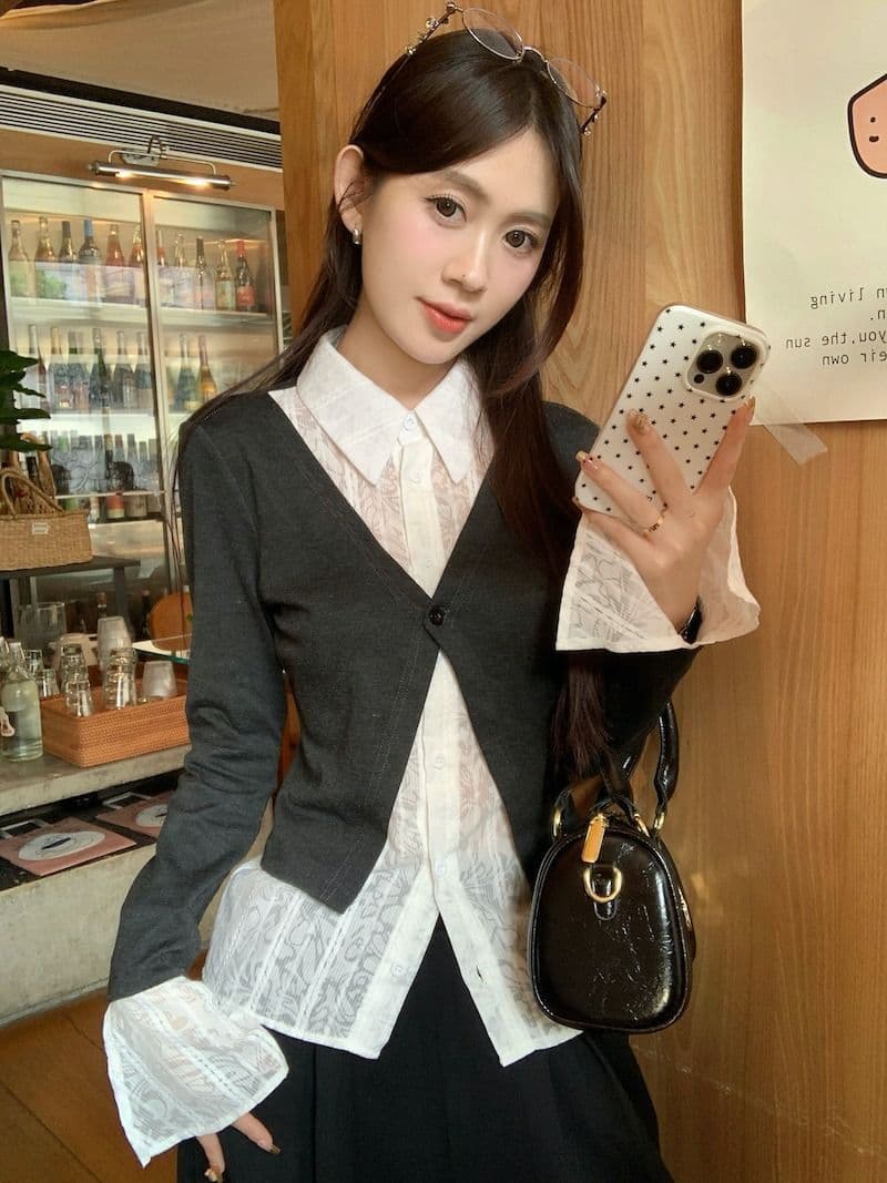 원본 원단 디자인 센스 긴팔 POLO 칼라 셔츠 가을 겨울 몸매 가꾸기 슬림해 보이는 페이크 레이어드 Chic 맨위 여성 상세 이미지 2