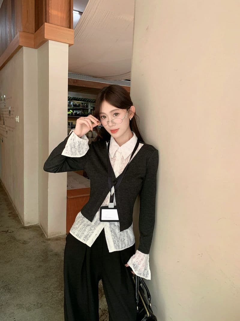 원본 원단 디자인 센스 긴팔 POLO 칼라 셔츠 가을 겨울 몸매 가꾸기 슬림해 보이는 페이크 레이어드 Chic 맨위 여성 상세 이미지 3