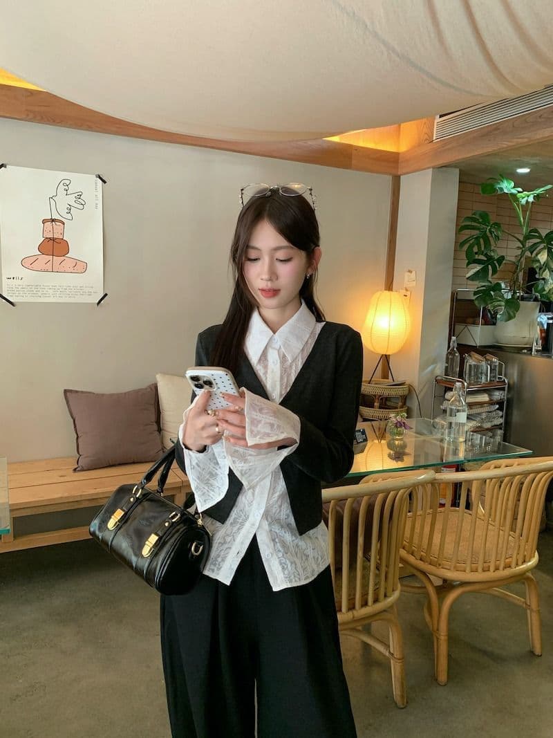 원본 원단 디자인 센스 긴팔 POLO 칼라 셔츠 가을 겨울 몸매 가꾸기 슬림해 보이는 페이크 레이어드 Chic 맨위 여성 상세 이미지 8
