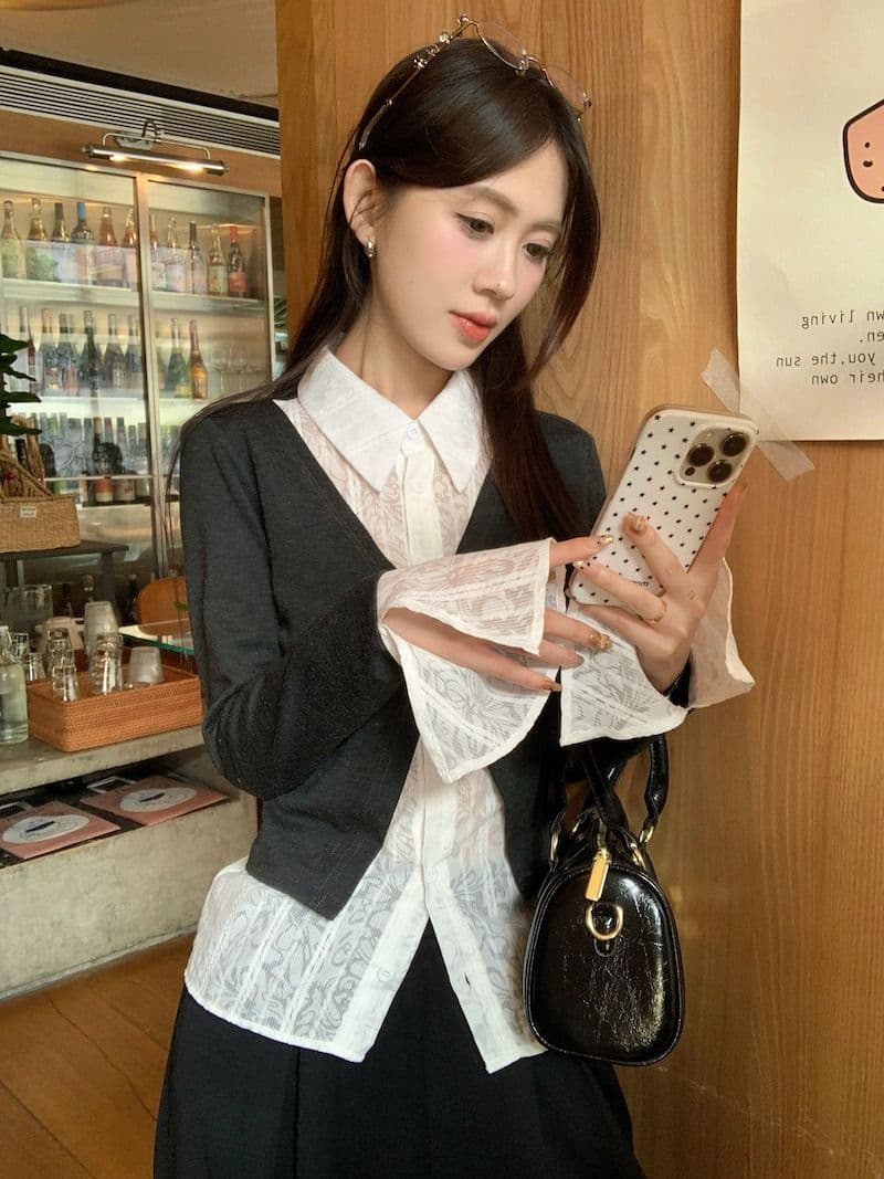 원본 원단 디자인 센스 긴팔 POLO 칼라 셔츠 가을 겨울 몸매 가꾸기 슬림해 보이는 페이크 레이어드 Chic 맨위 여성 상세 이미지 10