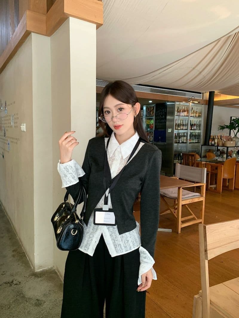 원본 원단 디자인 센스 긴팔 POLO 칼라 셔츠 가을 겨울 몸매 가꾸기 슬림해 보이는 페이크 레이어드 Chic 맨위 여성 상세 이미지 15